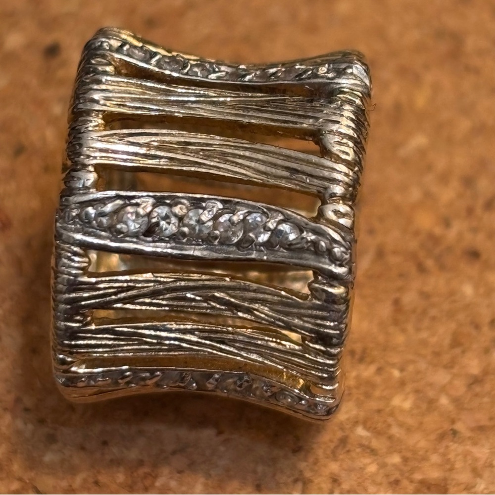 Silver wide band ring with rhinestone accents